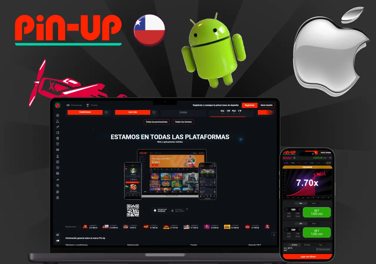 Pin-Up Chile disponible en todas las plataformas, Android y iOS, con interfaz del juego Aviator
